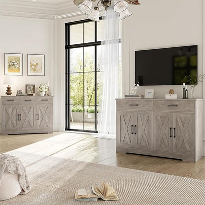 HOSTACK Buffet Cabinet with Storage, 47.2" Kitchen Sideboard Buffet with Drawers, Modern Farmhouse Coffee Bar Station with Shelves, Barn Doors Storage Cabinet for Living Room, Ash Grey