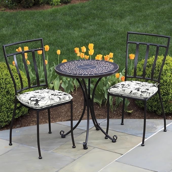 DYTXIII Set of 2 Outdoor Chair Cushions with Ties, Water Repellent Patio Chair Pads 17"x 16" for Outdoor Furniture, Round Corner Seat Cushions for Garden Yard Kitchen Tropical Blossom Noir