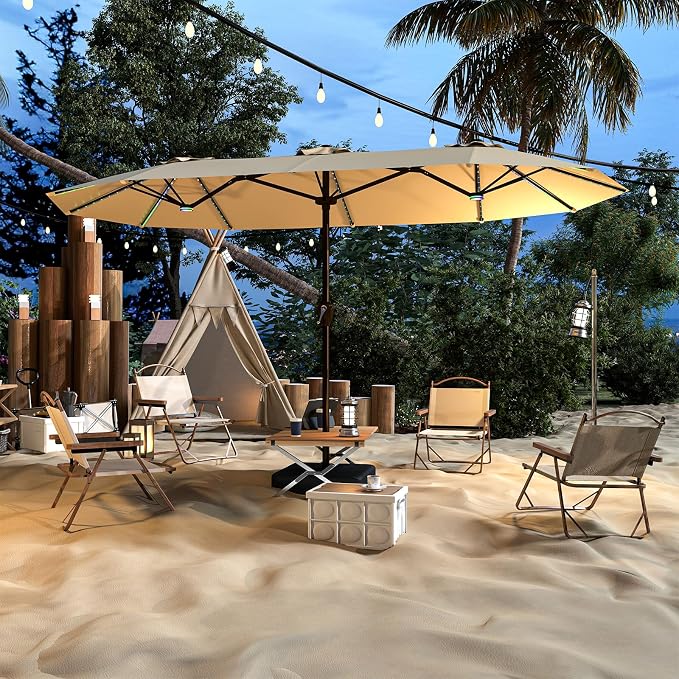 AreShark 15FT Large Rectangular Patio Umbrella with Solar Lights, Beige | Rectangle Lighted Outdoor Umbrella with Crank, Double-Sided Market Umbrella with Base for Porch, Lawn, Pool, Backyard