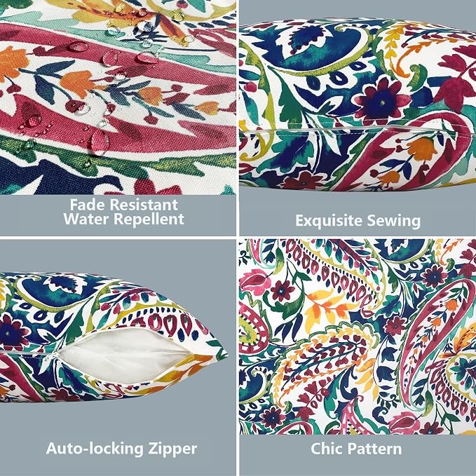 LVTXIII 2 Pack Outdoor Pillow Covers ONLY 18x18 Inch, Water-Repellent Square Decorative Cushion Covers for Patio Furniture, Garden, Sofa, Vigour Paisley