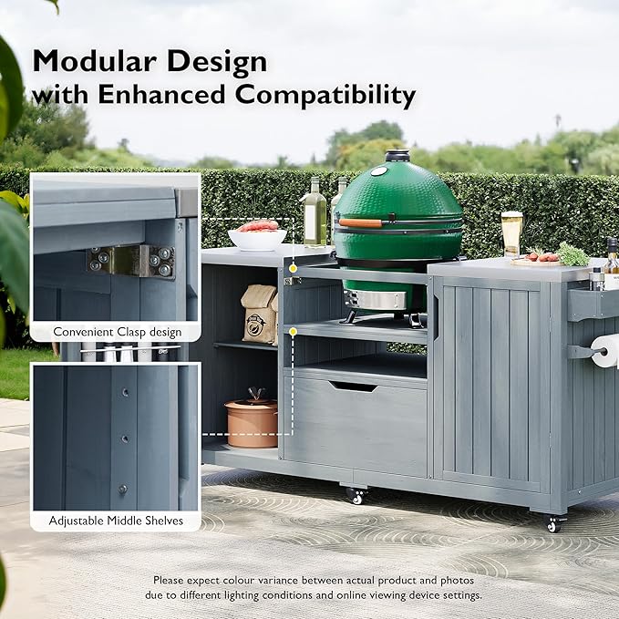 LUMISOL Outdoor Grill Cart for Big Green Egg Grills, 66.5" Solid Wood Outdoor Kitchen Island with Stainless Steel Top, Rolling Kitchen Cart with Internal Storage Rack, Spice & Towel Rack, Grey Blue
