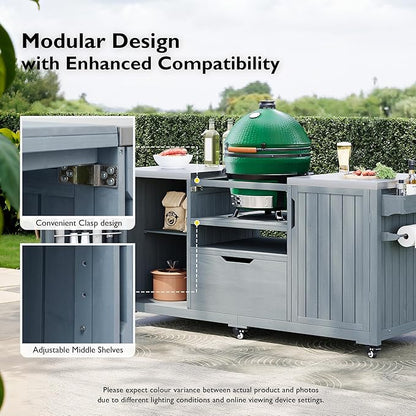 LUMISOL Outdoor Grill Cart for Big Green Egg Grills, 66.5" Solid Wood Outdoor Kitchen Island with Stainless Steel Top, Rolling Kitchen Cart with Internal Storage Rack, Spice & Towel Rack, Grey Blue
