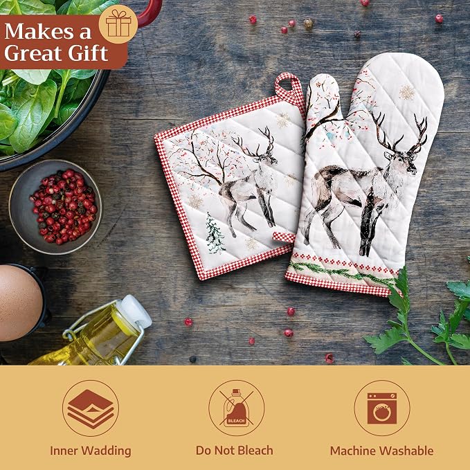Maison d' Hermine Pot Holders 100% Cotton Potholders (8" x 8", Pack of 2) | Heat Resistant Hot Pads with Loop BBQ Cooking Baking Hotel Kitchen Handling Hot Pans Thanksgiving Christmas - Rural Christmas