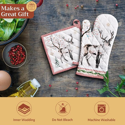 Maison d' Hermine Pot Holders 100% Cotton Potholders (8" x 8", Pack of 2) | Heat Resistant Hot Pads with Loop BBQ Cooking Baking Hotel Kitchen Handling Hot Pans Thanksgiving Christmas - Rural Christmas