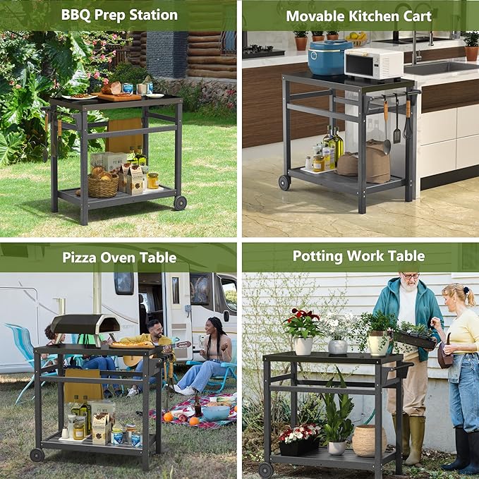 TORVA Outdoor Prep Grill Carts, 303 Stainless Steel Tabletop with High Load Capacity Portable BBQ Table, HDPE Durable Frame 2-Tier Storage Cart, Grey