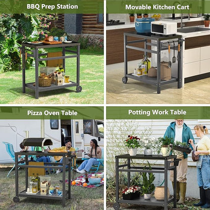 TORVA Outdoor Prep Grill Carts, 303 Stainless Steel Tabletop with High Load Capacity Portable BBQ Table, HDPE Durable Frame 2-Tier Storage Cart, Grey