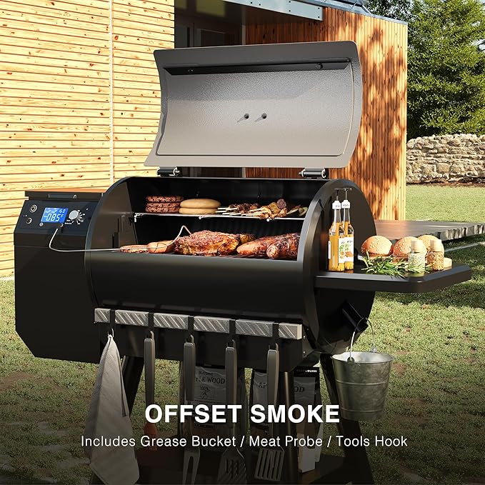 Electric Wood Pellet Grill, 456 SQ.IN Cook Area Pellets Grill, 16LBS Hopper Pellet Smoker Grill, 500 Degree Max Temperature&Auto Feed, 8 in 1 BBQ Grill Outdoor with Meat Probe, Grease Bucket