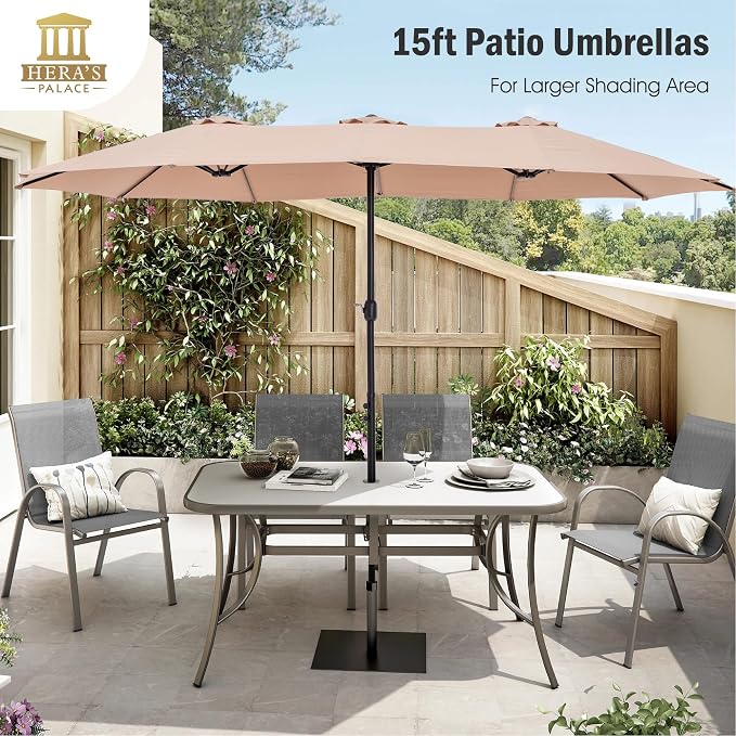 HERA'S PALACE 15ft Patio Umbrella, Base Included, Rectangular, Beige | outdoor, table, large, 15, rectangle, double, pool, stand, clearance, outside, triple, shade, sun