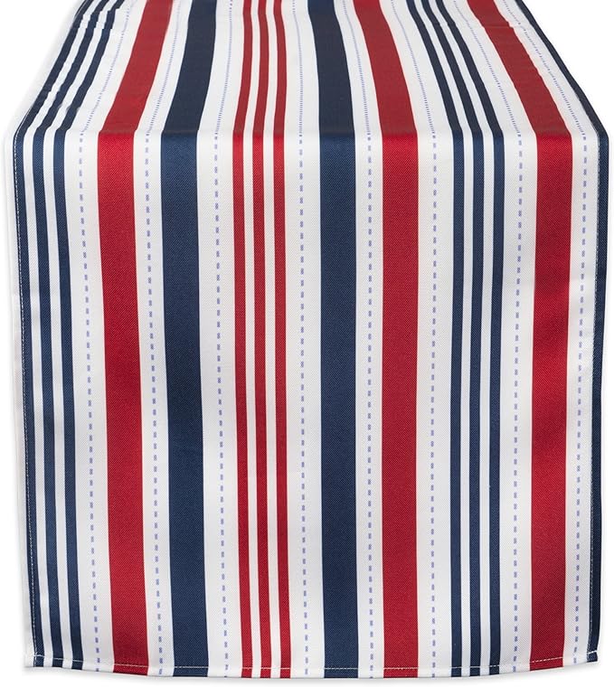 DII Patriotic Stripes Tabletop Collection, Stain Resistant & Waterproof, Table Runner, 14x108, Red, White, & Blue