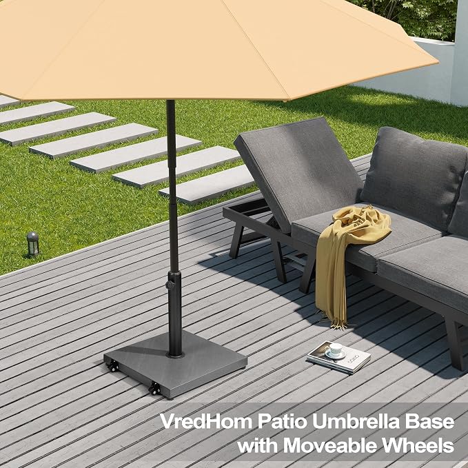 Patio Umbrella Base with Wheels, 43lbs Outdoor Umbrella Stand | With 2 Wheels, Square Heavy Duty Base, Suitable for 6-12FT Most Market Umbrella, for Deck, Lawn, Poolside