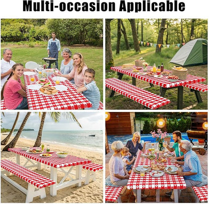 Smiry Picnic Table Cover with Bench Covers, Waterproof Elastic Fitted Tablecloth for 5 Foot Tables, Washable Polyester Tablecloths for Camping, Indoor & Outdoor (Red & White, 30x60 Inch 3-pc Set)