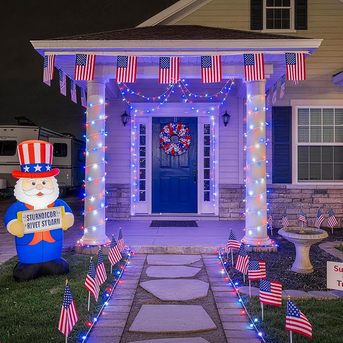 JMEXSUSS 33ft 100 LED Red White and Blue Lights Outdoor, Battery Operated | 4th of July Lights with Remote, 8 Modes Patriotic Decorations for Indoor Outside Independence Day American Flag Holiday
