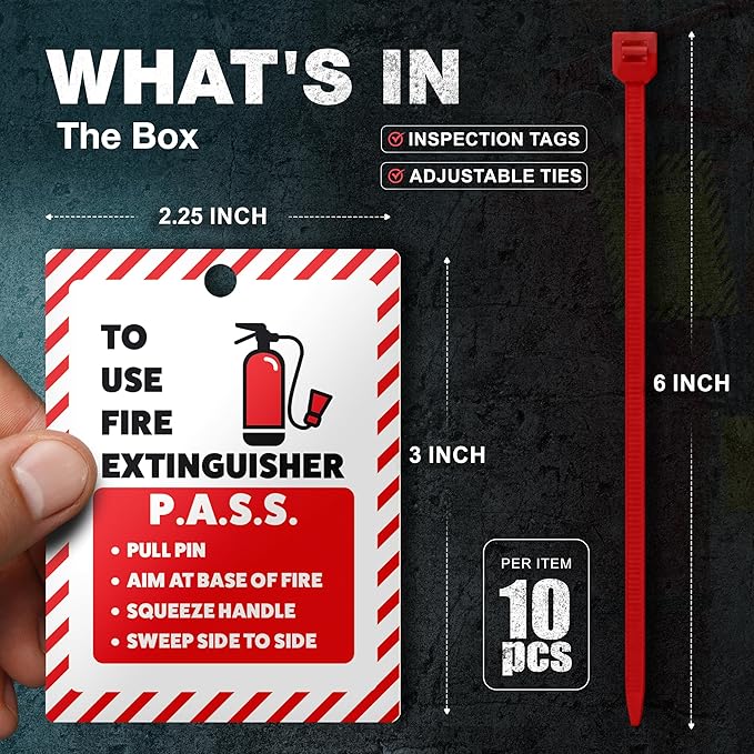 Fire Extinguisher Inspection Tags 2026-2029, Plastic 2.25 x 3 Inch Red for Indoor Outdoor Use, Durable Double-Sided Monthly Record and Pass Instructions, Include Zip Ties, 10 Pack
