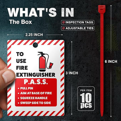 Fire Extinguisher Inspection Tags 2026-2029, Plastic 2.25 x 3 Inch Red for Indoor Outdoor Use, Durable Double-Sided Monthly Record and Pass Instructions, Include Zip Ties, 10 Pack