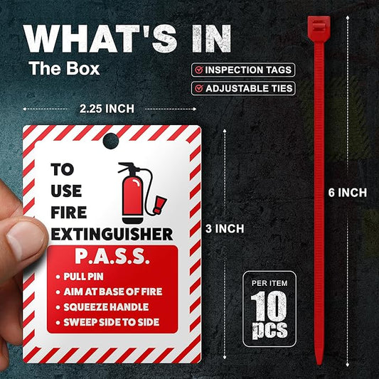Fire Extinguisher Inspection Tags 2026-2029, Plastic 2.25 x 3 Inch Red for Indoor Outdoor Use, Durable Double-Sided Monthly Record and Pass Instructions, Include Zip Ties, 10 Pack