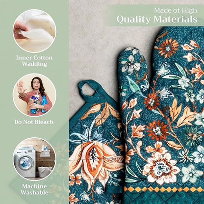 Maison d' Hermine 100% Cotton Oven Mitt & Pot Holder Set (7.5"x13" & 8"x8") Heat Resistant Cooking Gloves with Loop for Thanksgiving Christmas Decorations Handling Hot Pans (Luxury Loft - Dark Teal)
