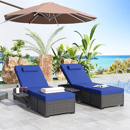 GAOMON Outdoor PE Wicker Chaise Lounge Chairs Set of 2 Patio Brown Rattan Reclining Chair Adjustable Backrest Pool Sunbathing Recliners with Cushion Cover, Navy