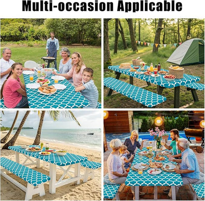 Smiry Picnic Table Cover with Bench Covers, Waterproof Elastic Fitted Tablecloth for 8 Foot Tables, Washable Polyester Tablecloths for Camping, Indoor & Outdoor (Aqua, 30x96 Inch 3-pc Set)
