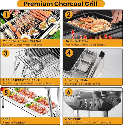 Portable Charcoal Grill, Large Stainless Steel Folding BBQ Grill with Storage Shelf, Foldable Barbecue Grill for Outdoor Cooking Camping Hiking Backyard Garden Picnic Parties Kabob (39x13.4x28 Inch)