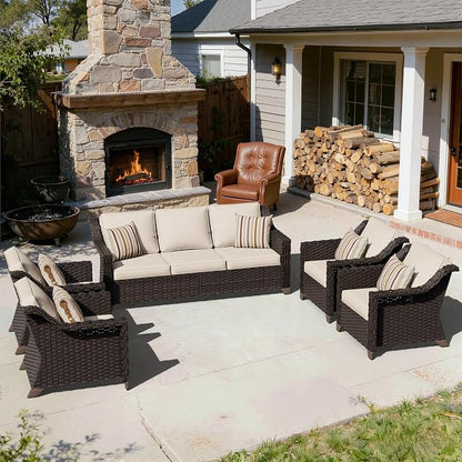 5 Piece Patio Furniture Set, Wicker Outdoor Conversation Set | Patio Chair Set with Olefin Removable Cushion, All-Weather Outdoor Couch with Deep Seat for Porch, Deck and Backyard, Beige