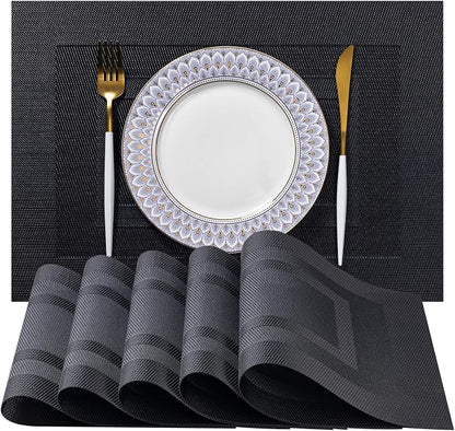 LEXMORE Placemats Set of 6 Vinyl/Plastic Woven Place Mats for Kitchen Table Indoor/Outdoor Washable Placemat Wipeable Dining Table Mats(Black Cube)