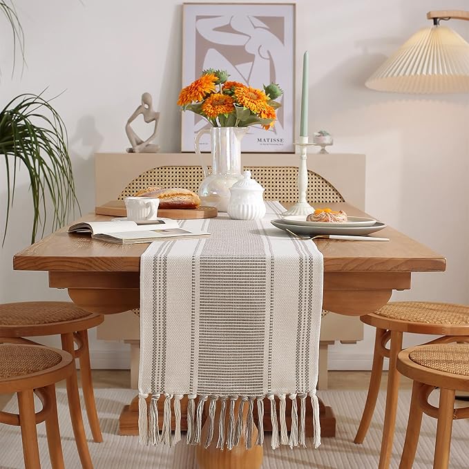 Caflife Boho Table Runner Natural Stripe for Modern Farmhouse Coffee Table Decor, Rustic Woven Runner with Handcrafted Tassels for Home Dining Table décor 13 x 90 Inch Long