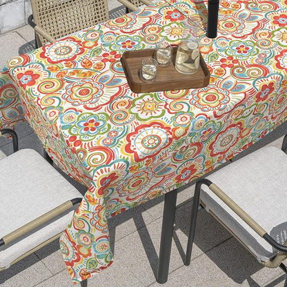 Outdoor Rectangle Tablecloth, 60×84 Inch Water Repellent Picnic Table Cover with Umbrella Hole Zipper for Patio Family Meal, Flower Multi