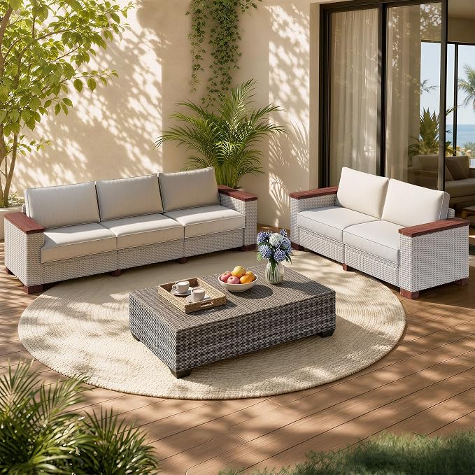 PaPaJet 5-Piece Wicker Patio Furniture Set with Solid Wood Armrest, Outdoor Patio Set with Thick Legs, UV-Resistant Modular Outdoor Sectional Sofa for Backyard, Porch, Garden