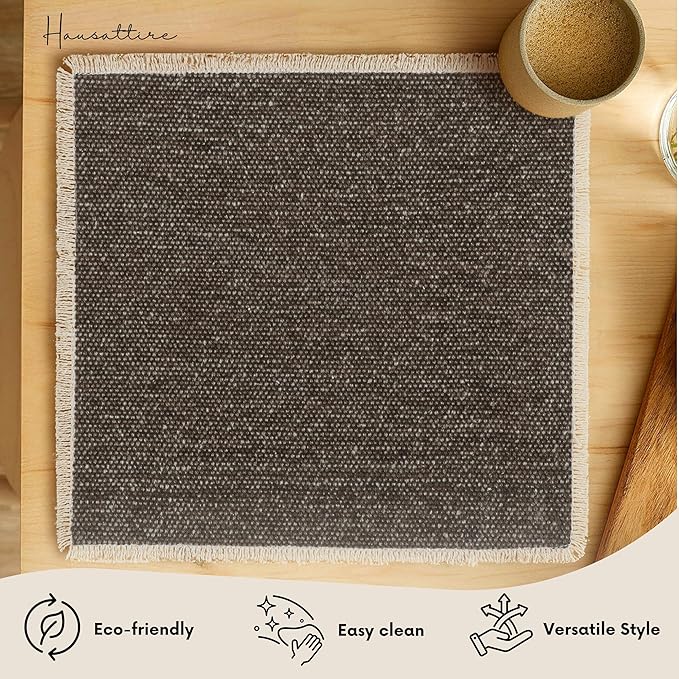 Hausattire Cotton Frayed Placemats Set of 6 Dining Table 14x14 Inch | Rustic Vintage Boho Washable Easter Placemat for Outdoor Parties BBQ's Wedding, Holiday, Special Occasions, Nubby Cotton - Brown