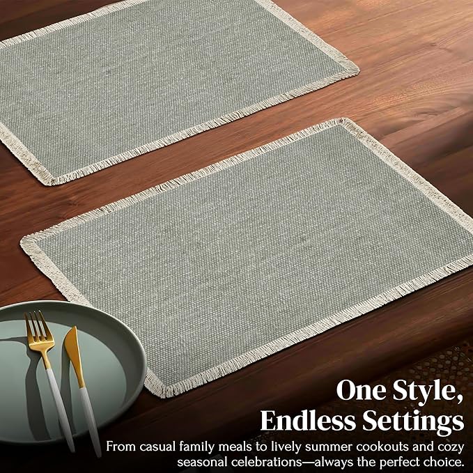 Hausattire Cotton Frayed Placemats Set of 4 Dining Table 13x19 Inch | Rustic Farmhouse Boho Washable Easter Placemat for Outdoor Parties BBQ's Wedding, Special Occasions, Nubby Cotton - Grey
