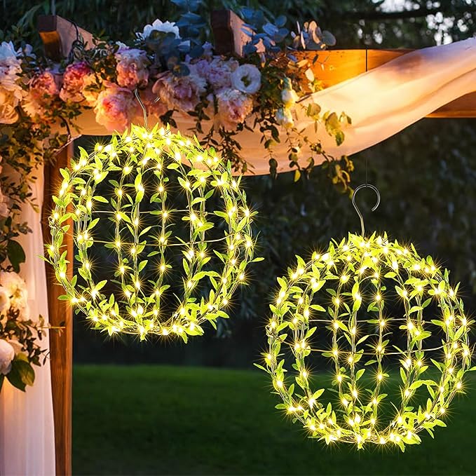 Joomer Solar Hanging Ball Lights Outdoor, 2-Pack 13in & 11in Total 264 LED Solar Globe Lights, 8 Modes Waterproof Metal Sphere Lights with Hooks for Patio Garden Decor - Warm White