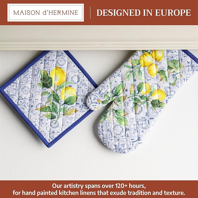 Maison d' Hermine 100% Cotton Oven Mitt & Pot Holder Set (7.5"x13" & 8"x8") Heat Resistant BBQ Cooking Gloves with Loop Baking Grilling Kitchen Hotel Home Farmhouse Spring Summer (Citrus)