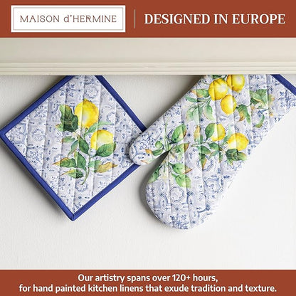 Maison d' Hermine 100% Cotton Oven Mitt & Pot Holder Set (7.5"x13" & 8"x8") Heat Resistant BBQ Cooking Gloves with Loop Baking Grilling Kitchen Hotel Home Farmhouse Spring Summer (Citrus)