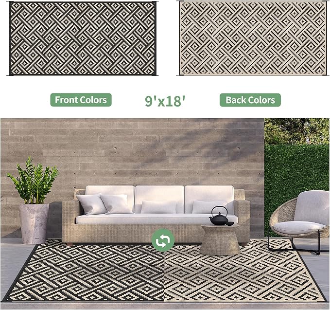 GENIMO Outdoor Rug, Waterproof Plastic Rugs 9'x18' for Camping Black Beige | Outside Larger Modern Carpet Mat for Patio Decor, RV, Porch, Camper, Deck, Picnic, Beach, Backyard, Reversible, Foldable