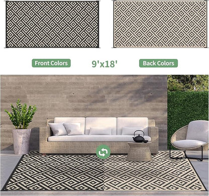 GENIMO Outdoor Rug, Waterproof Plastic Rugs 9'x18' for Camping Black Beige | Outside Larger Modern Carpet Mat for Patio Decor, RV, Porch, Camper, Deck, Picnic, Beach, Backyard, Reversible, Foldable
