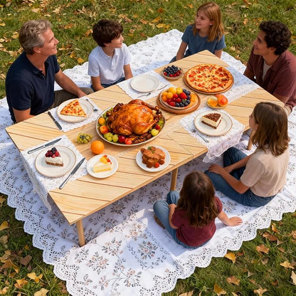 Folding Picnic Table with Boho Table Runner 60" x 30" Wooden Low Table, Portable for Indoor Outdoor Use Ideal for Camping Beach Weddings Garden Parties (Seats 6)