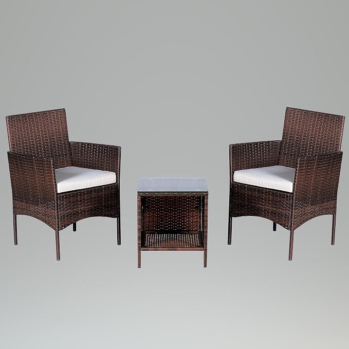 Outdoor Wicker Conversation 3 Piece Bistro Set Garden Patio Yard Porch Furniture Space Saving Pe Rattan Two Chairs Cushions Side Storage Glass Table Brown/Beige 3pc Set