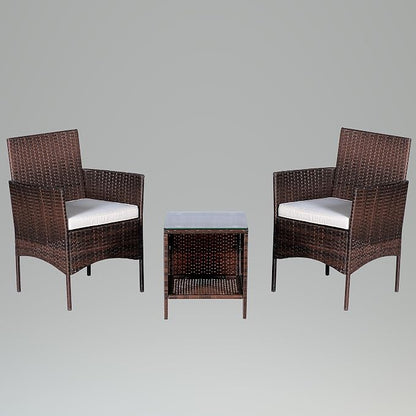 Outdoor Wicker Conversation 3 Piece Bistro Set Garden Patio Yard Porch Furniture Space Saving Pe Rattan Two Chairs Cushions Side Storage Glass Table Brown/Beige 3pc Set