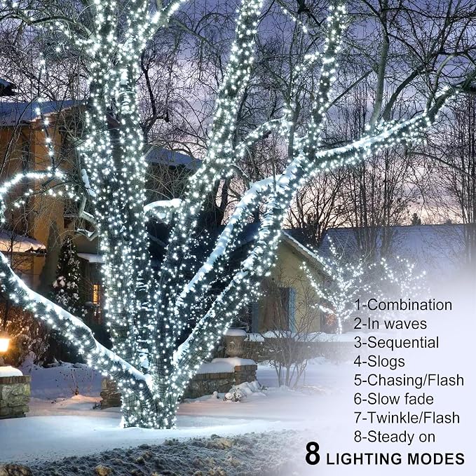 kemooie 500 LED Christmas String Lights, 164FT 8 Lighting Mode with Memory Plug in Green Wire Waterproof Lights, for Outdoor Indoor Birthday Christmas Wedding Party Garden Balcony Decorations (White)