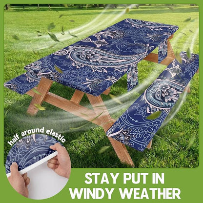 Picnic Table Cover with Bench Covers Waterproof Elastic Rectangle Reusable Folding Tablecloth Manteles Mantelería Camping Essentials Rv Car Travel Supplies Table Cloth Outdoor Road Trip Camper Gifts