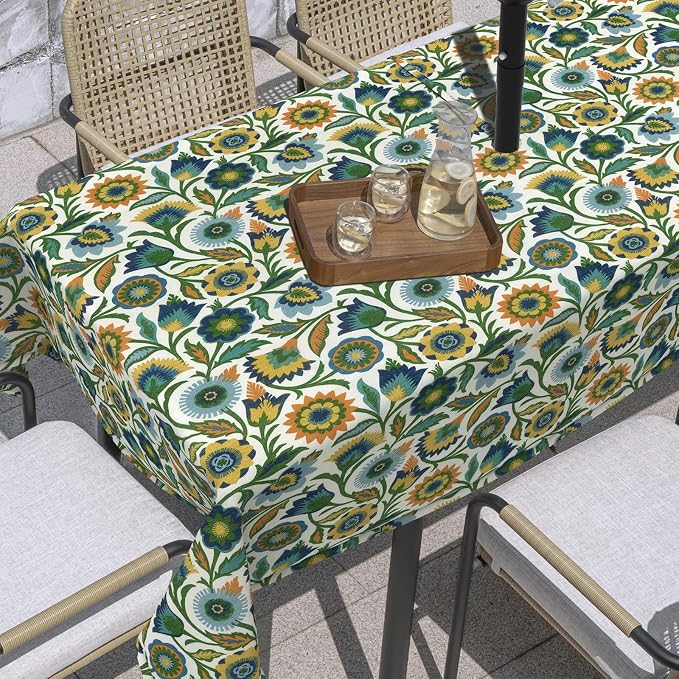 Outdoor Rectangle Tablecloth, 60×84 Inch Water Repellent Picnic Table Cover with Umbrella Hole Zipper for Patio Family Meal, Fiesta Floral