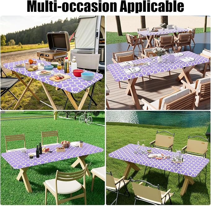 Smiry 2 Pack Rectangle Table Cloth 8 Foot, Waterproof Elastic Fitted Tablecloths, Windproof Washable Polyester Table Cover for Picnic, Camping, Outdoor (Lavender, 30"x96")