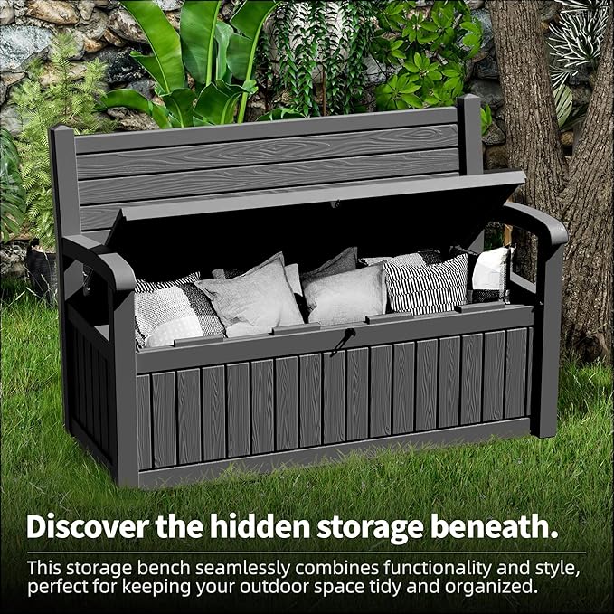 PatioZen 80 Gallon Outdoor Storage Bench Deck Box Waterproof Lockable,Outdoor Storage Furniture for Patio,Garden and Porch,Tools and Cushions（ Black Stripe）