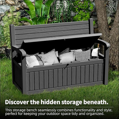 PatioZen 80 Gallon Outdoor Storage Bench Deck Box Waterproof Lockable,Outdoor Storage Furniture for Patio,Garden and Porch,Tools and Cushions（ Black Stripe）