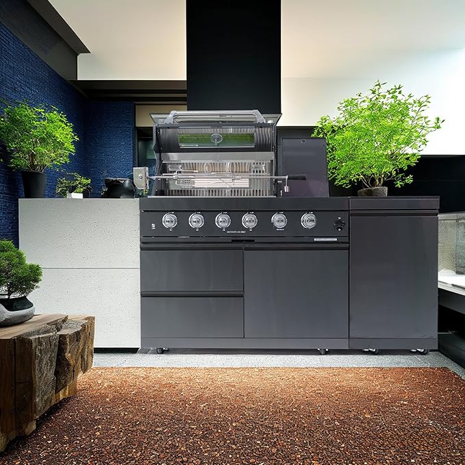 65.35in Modular Outdoor Kitchen Bar, 4 Burner 72000 BTU Deluxe Stainless Steel Gas Barbecue Island Kitchen for Backyard Cooking w BBQ Grill, Refrigerator, Rotisserie Kit, Countertops, Cabinets