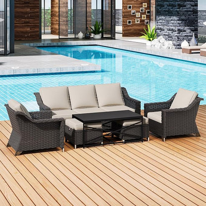 6 Pieces Outdoor Conversation Furniture Set - 77" Patio Sofa, 2 Armchairs, 2 Ottomans, 1 Metal Table, Patio Wicker Couch Set with Washable Cushions for Swimming Pool (Beige) | Patio Chair Set with Olefin Removable Cushion, All-Weather Outdoor Couch wit...