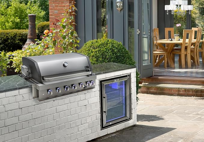 Mont Alpi Premium 44"W x 23"D x 21"H Stainless Steel 6-Burner Built-in BBQ Grill Head with Infrared Rear Burner + Rotisserie Kit + Outdoor Rated Glass Door Refrigerator + Charcoal Tray + Griddle Plate