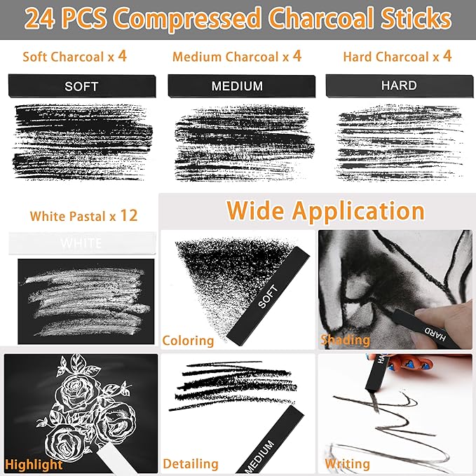 24 Pcs Compressed Charcoal Sticks with Soft, Medium, Hard and White Charcoal, Square Charcoal Stick Kit for Drawing, Sketching and Shading (12 Black and 12 White)