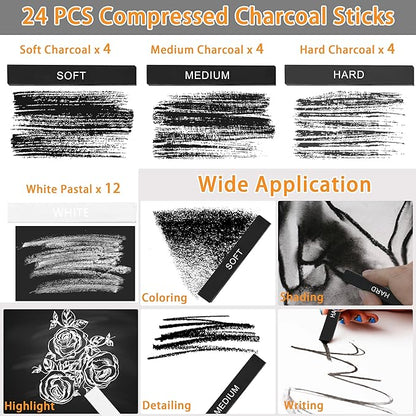 24 Pcs Compressed Charcoal Sticks with Soft, Medium, Hard and White Charcoal, Square Charcoal Stick Kit for Drawing, Sketching and Shading (12 Black and 12 White)