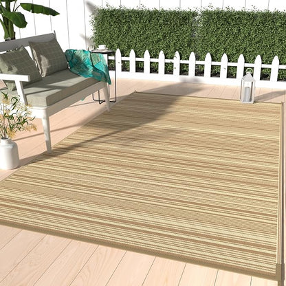 GENIMO Outdoor Rug, Waterproof Plastic Rugs for Patio, 6'x9' Deep Beige | Outside Larger Modern Carpet Mat for Porch Decor, Deck, Balcony, Camping, RV, Backyard, Picnic, Beach, Reversible, Foldable
